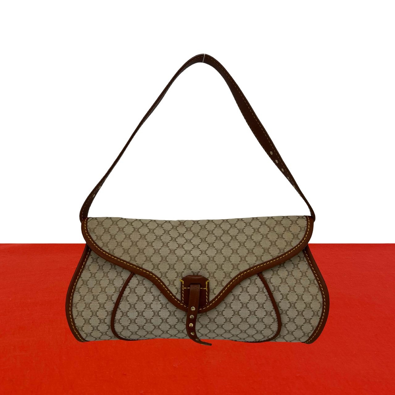 CELINE セリーヌ マカダム ブラゾン 柄 キャンバス レザー ショルダーバッグ ベージュ
 53056