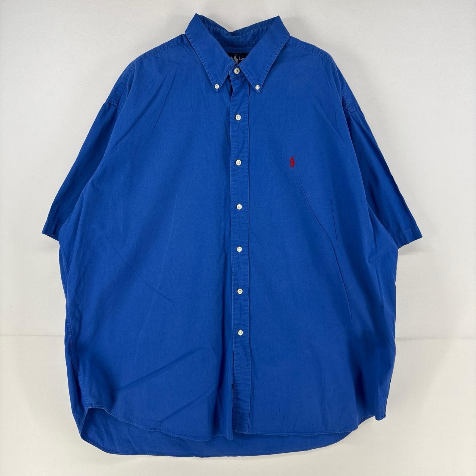 古着 ラルフローレン RALPH LAUREN 半袖シャツ ボタンダウン ワンポイント BLAIRE 大きいサイズ オックスフォード 2XL ブルー メンズ