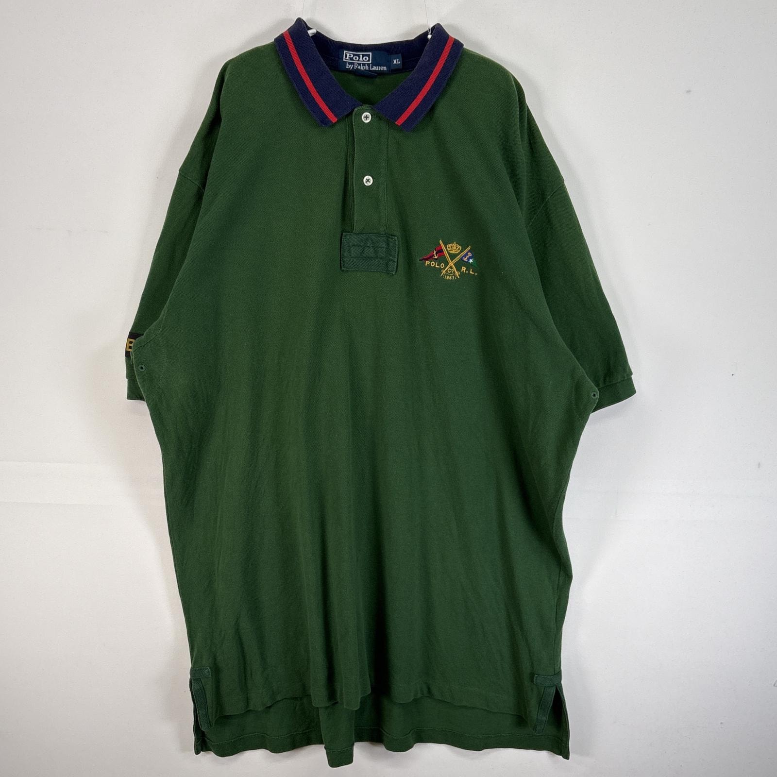 古着 90's/90年代 ポロバイラルフローレン Polo by Ralph Lauren 鹿の子 半袖 ポロシャツ 襟切替 ロゴ 刺繍 大きいサイズ 肉厚 ラガーシャツ風 XL  グリーン 無地 メンズ