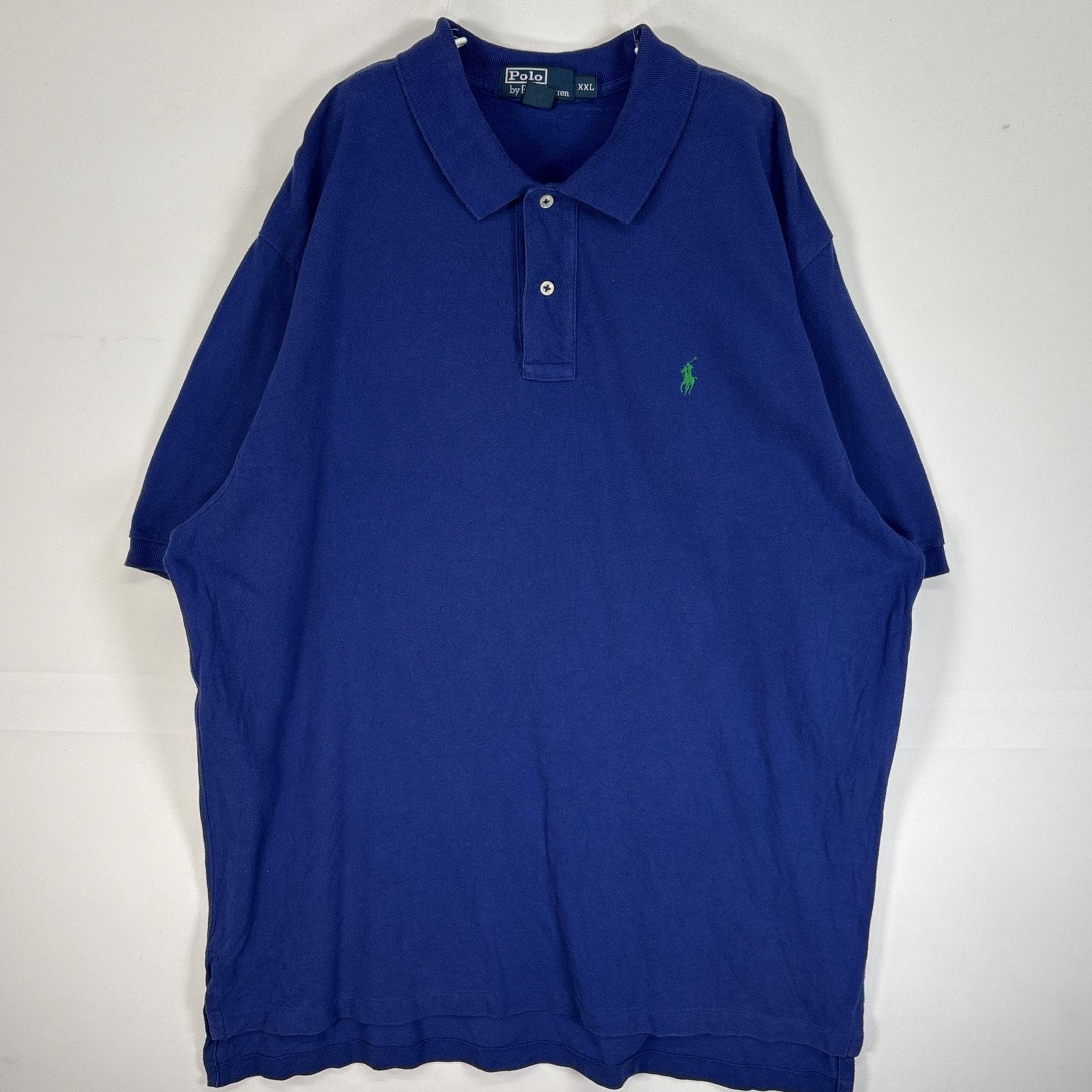 古着 90's/90年代 ポロバイラルフローレン Polo by Ralph Lauren 鹿の子 半袖 ポロシャツ ロゴ 刺繍 大きいサイズ 2ボタン 14041  ブルー 無地 メンズ