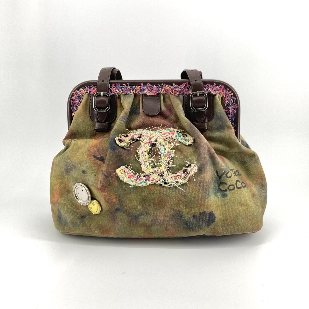 CHANEL(シャネル) エンブロイダリー グラフィティ 21番台 ココマーク キャンバス / レザー A92791 ハンドバッグ カーキグリーン×ブラウン