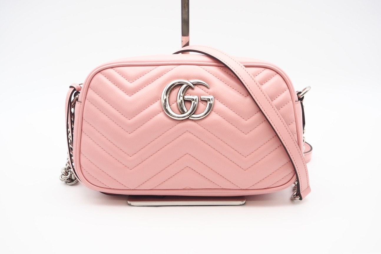 極美品 GUCCI グッチ GGマーモント スモール カメラバッグ 447632 ショルダーバッグ ピンク カーフレザー レディース