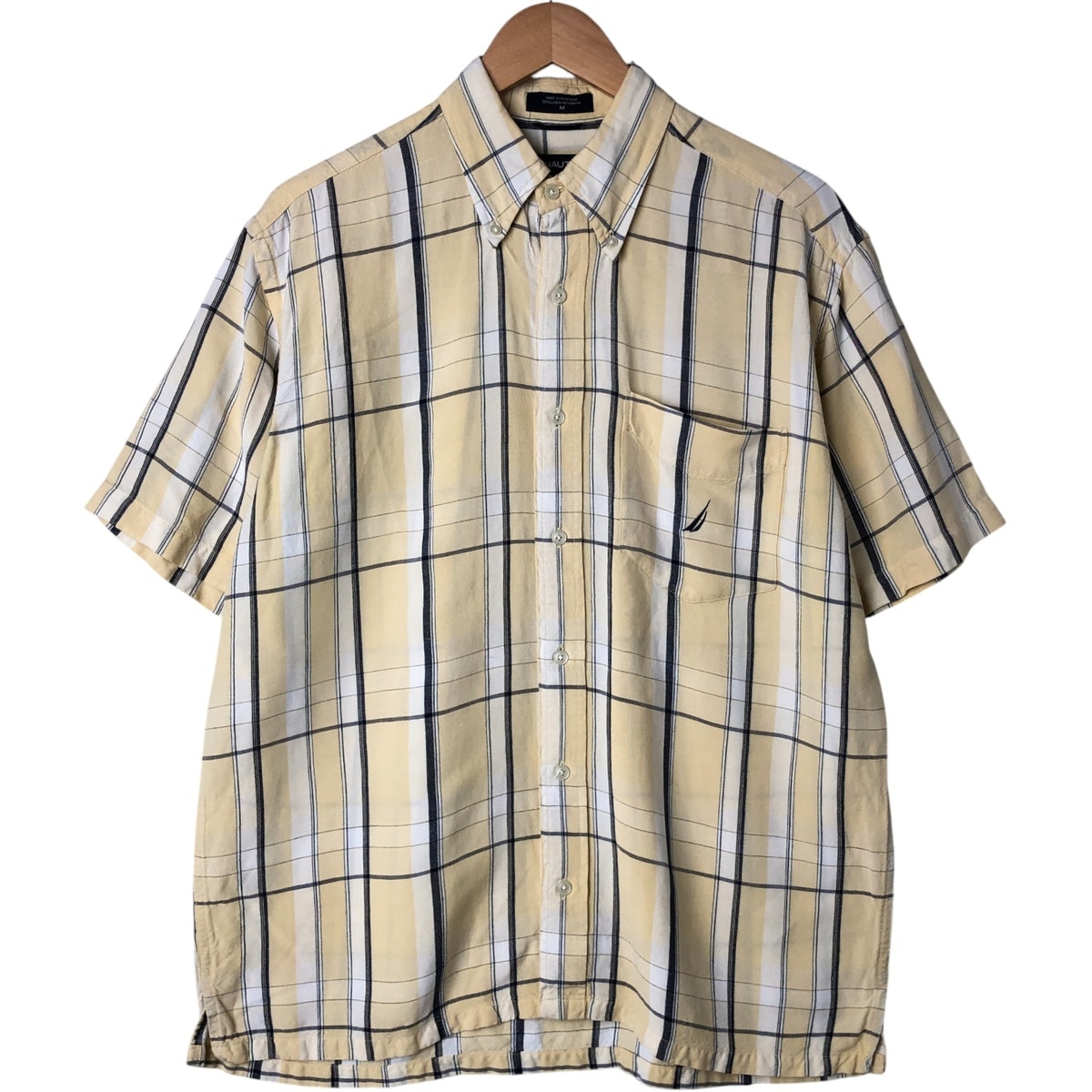 古着 ノーティカ NAUTICA チェック柄 半袖 リネン ボタンダウンシャツ ボックスシャツ メンズM相当/eaa544793