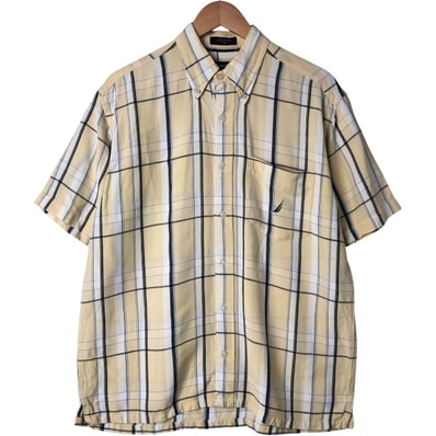 古着 ノーティカ NAUTICA チェック柄 半袖 リネン ボタンダウンシャツ ボックスシャツ メンズM相当/eaa544793