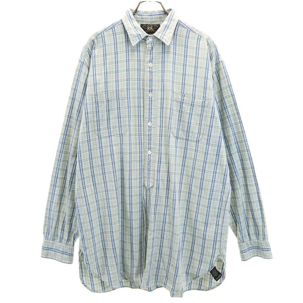 RRL ダブルアールエル 90s 初期タグ 赤3星 オールド チェック柄 長袖 ハーフボタン シャツ M ブルー系 RALPH LAUREN