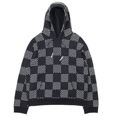 【極美品】LOUIS VUITTON ルイ・ヴィトン パーカー ダミエ フェイクパール サイズ 4L メンズ 2024SS LVロゴ エンブロイダリー 刺繍 ロングスリーブ 長袖 フーディー スウェット トップス ネイビー 紺 イタリア製