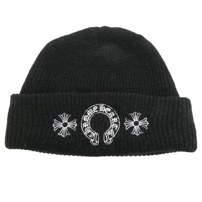 CHROME HEARTS クロムハーツ(原本無) WOOL WATCH CAP CHプラス ホースシュー ニットキャップ ビーニー 帽子 ブラック系 23cm【中古】