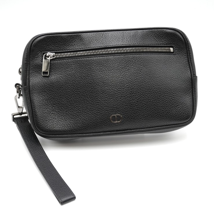 Christian Dior(クリスチャンディオール)CD Icon CDアイコン ジップポーチ クラッチバッグ セカンドバッグ ストラップ付き ブラック グレインレザー シルバー金具 メンズ【中古】