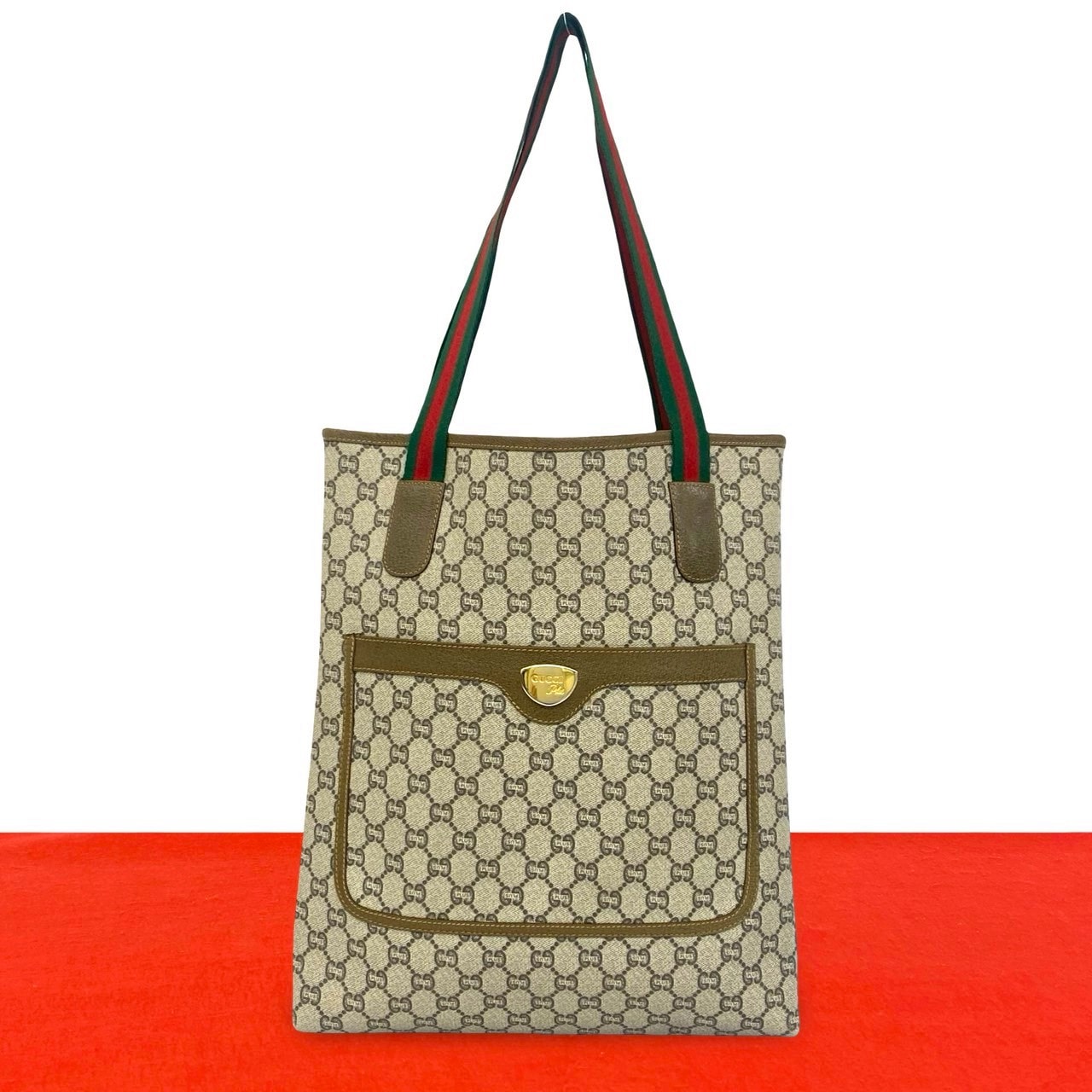 GUCCI グッチ シェリーライン グッチプラス ロゴ 柄 金具 レザー PVC トートバッグ ブラウン
 47336