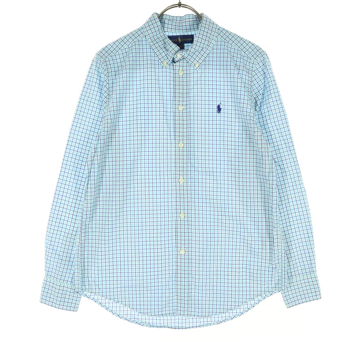 RALPH LAUREN ラルフローレン チェック柄 ワンポイントロゴ 長袖 ボタンダウンシャツ L(14-16) ライトブルー