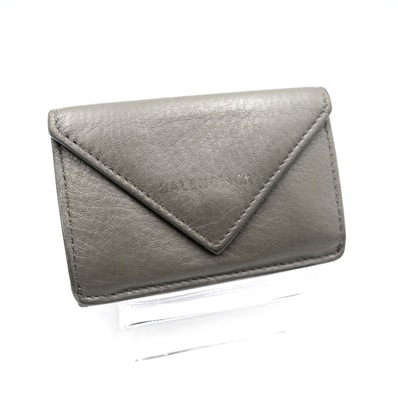 BALENCIAGA(バレンシアガ)ペーパー ミニ ウォレット 三つ折り財布 コンパクトウォレット グレー レザー シルバー金具 391446【中古】