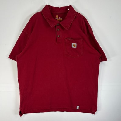古着 カーハート Carhartt 半袖 ポロシャツ ワーク 3ボタン ワンポイント ロゴ L レッド系 無地 メンズ