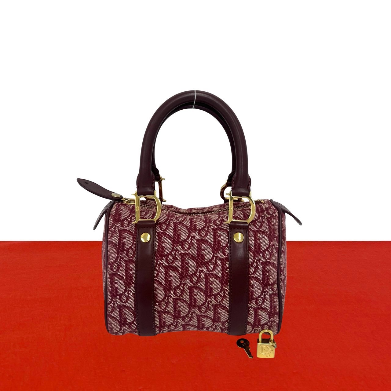 Christian Dior ディオール トロッター 柄 キャンバス レザー ハンドバッグ ワインレッド
 c24-9