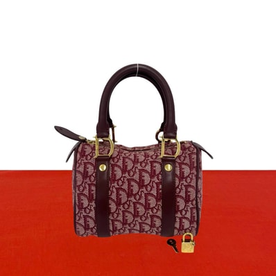 Christian Dior ディオール トロッター 柄 キャンバス レザー ハンドバッグ ワインレッド
c24-9