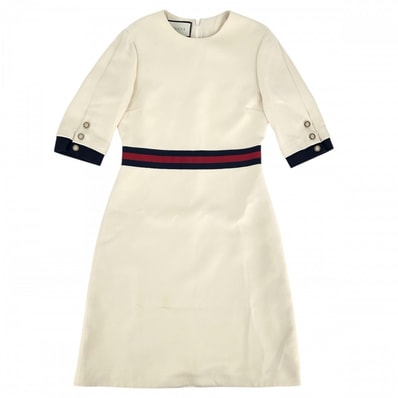 GUCCI グッチ ワンピース ウェブベルト GGボタン フレア アパレル 服 42 448541 ベージュ ウール シルク レディース【中古品】