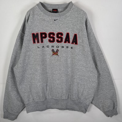 古着 ナイキ NIKE スウェット ワンポイント刺繍 ラクロス 前Vガゼット MPSSAA クルーネック 厚手 L グレー メンズ