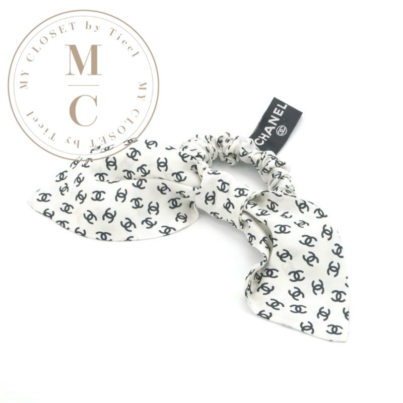 シャネル CHANEL ヘアアクセサリー ホワイト ブラック ココマーク リボン シュシュ ヘアゴム