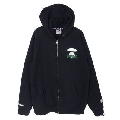 A BATHING APE アベイシングエイプ AAPSWMB343XXN AAPE MOONFACE LOGO ZIP-UP HOODIE エーエイプ ムーンフェイス ロゴ プリント ジップアップ パーカー ブラック系 M【中古】