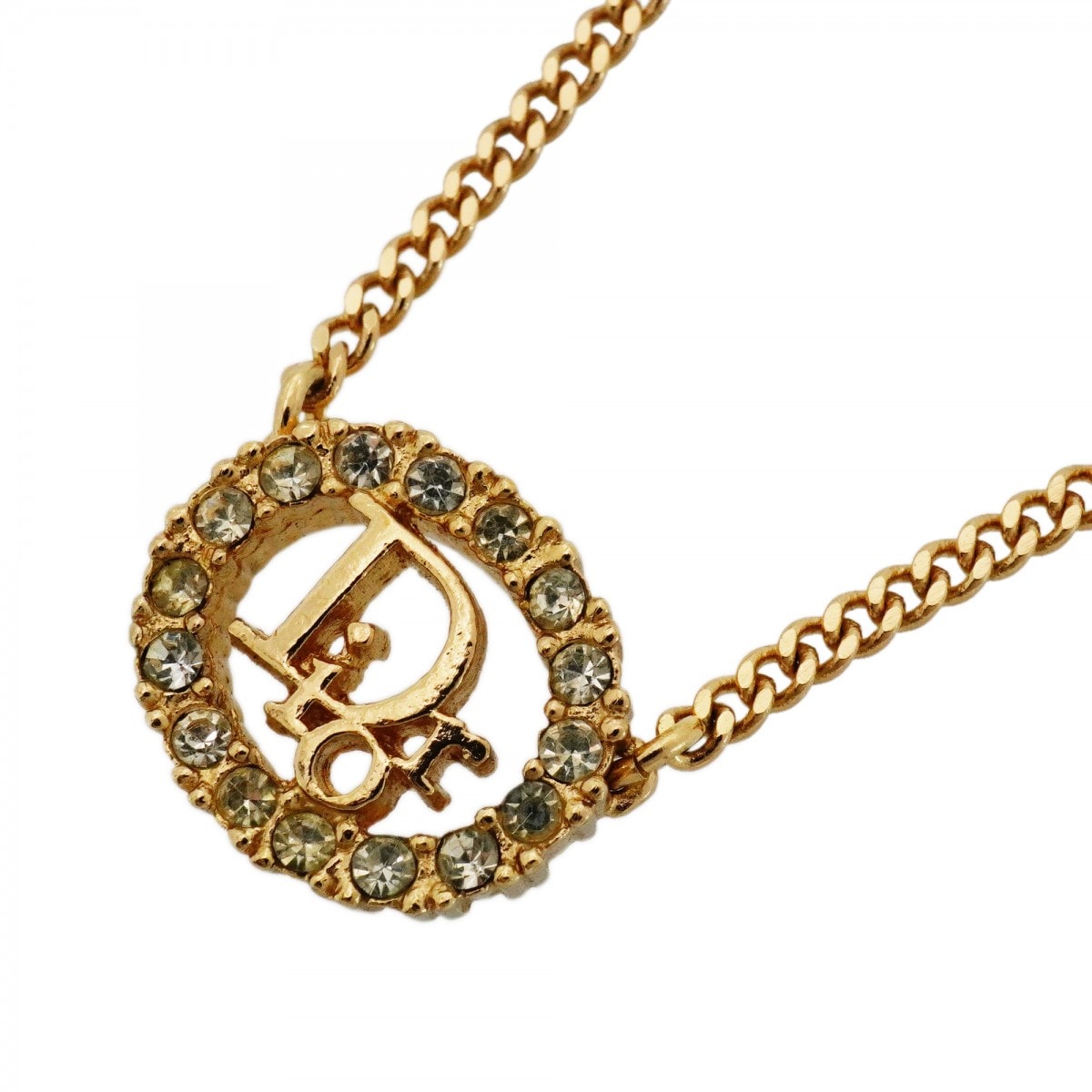 【6jdb0037-k】クリスチャンディオール ネックレス ディオールロゴ オーバル GPメッキ ラインストーン ゴールド【中古】レディース