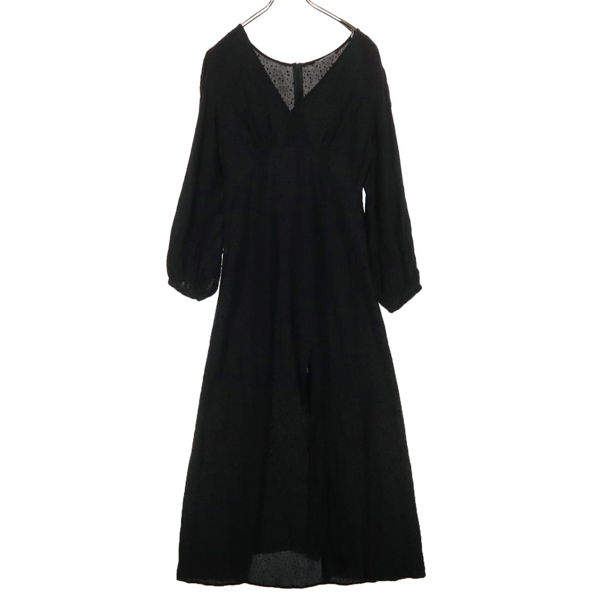 美品 ZARA ザラ ドット柄 長袖 Vネック ロングワンピース L ブラック バックジップ