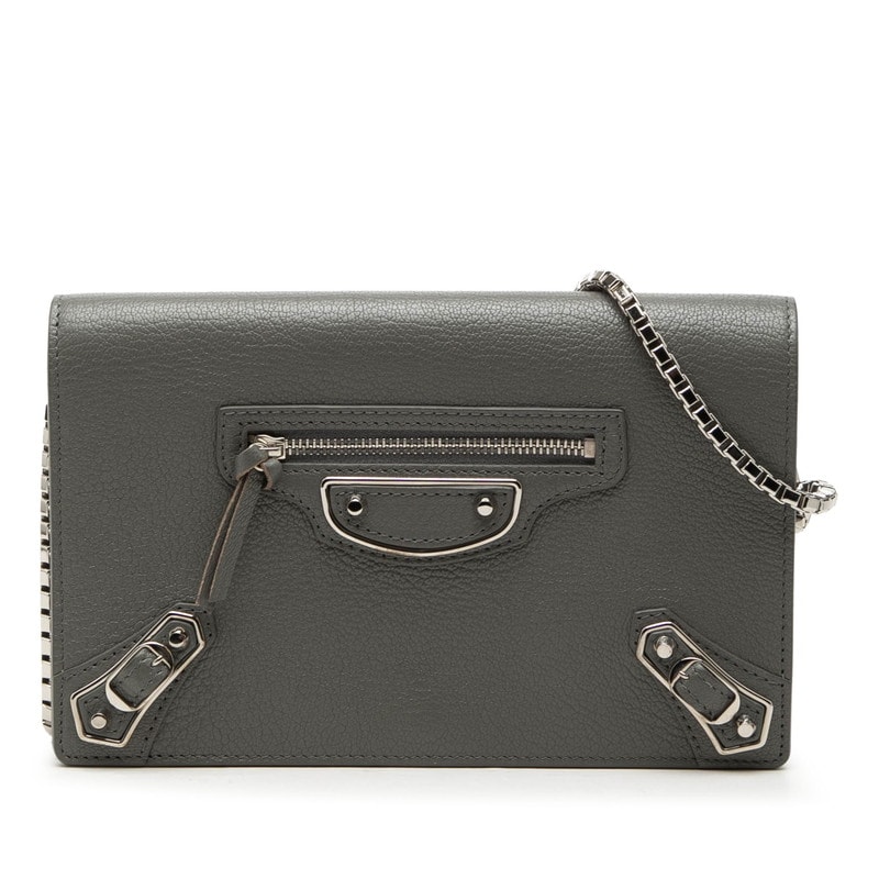 バレンシアガ クラシック メタリック エッジ チェーン ウォレット ショルダー 444169 グレー レザー レディース BALENCIAGA 【中古】