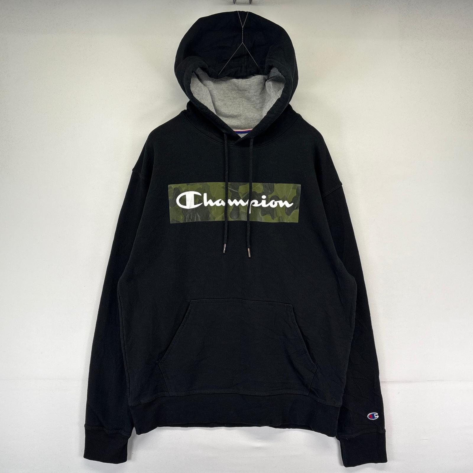 古着 チャンピオン Champion パーカー プルオーバー プリントロゴ スウェット 袖ワンポイント M  ブラック系 メンズ