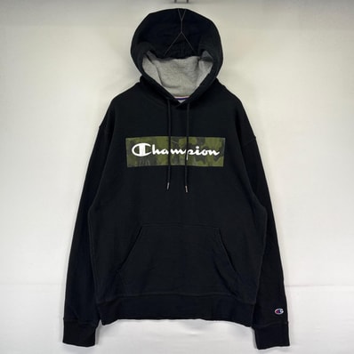 古着 チャンピオン Champion パーカー プルオーバー プリントロゴ スウェット 袖ワンポイント M ブラック系 メンズ