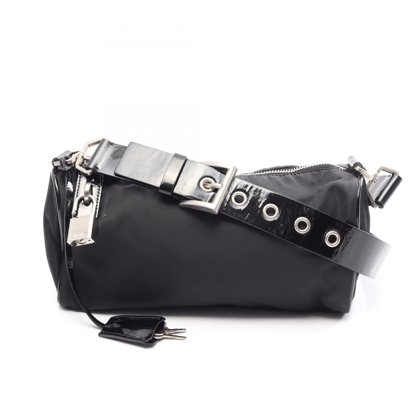 プラダ PRADA TESSUTO+SAFFIANO ショルダーバッグ バッグ ナイロン パテントレザー レディース ブラック系 BR0688 【中古】