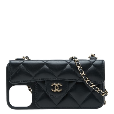 シャネル ココマーク マトラッセ チェーンショルダー iPhone 13/14 ケース ブラック ゴールド ラムスキン レディース CHANEL 【中古】