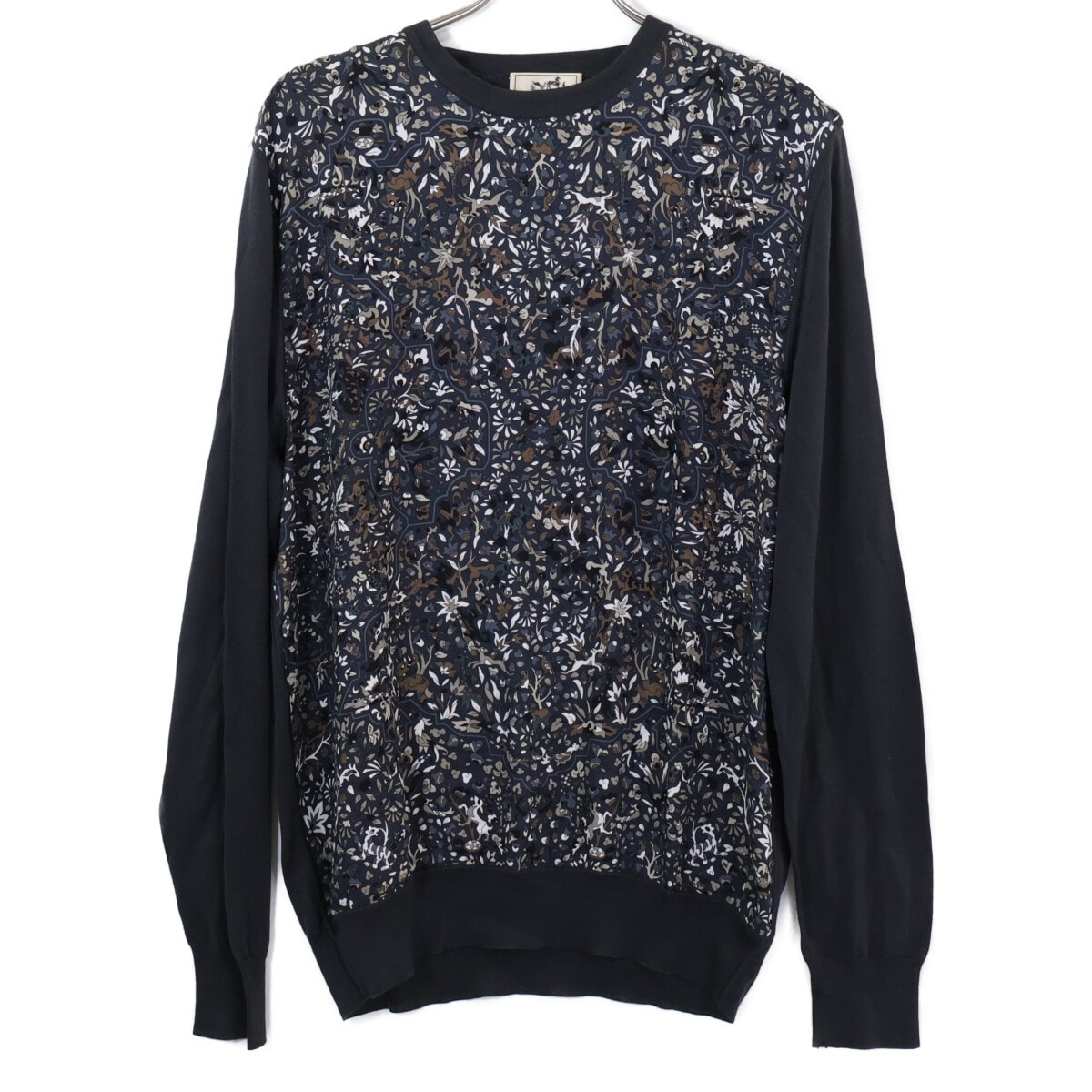 エルメス ショルダージップ 総柄シルク切替 ニットセーター XL