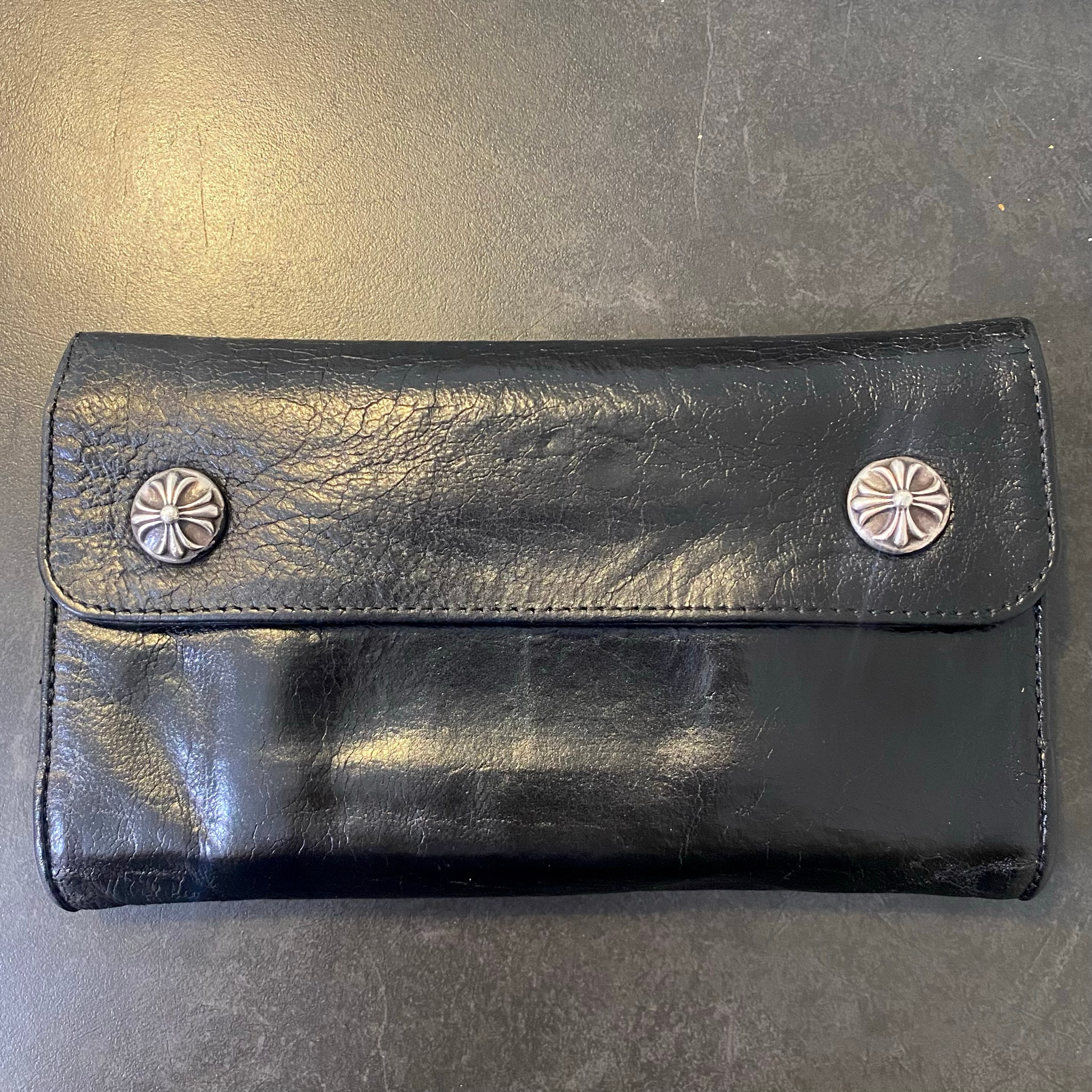 Chrome Hearts Wave Cross Ball Button Leather Wallet "Black/Silver"