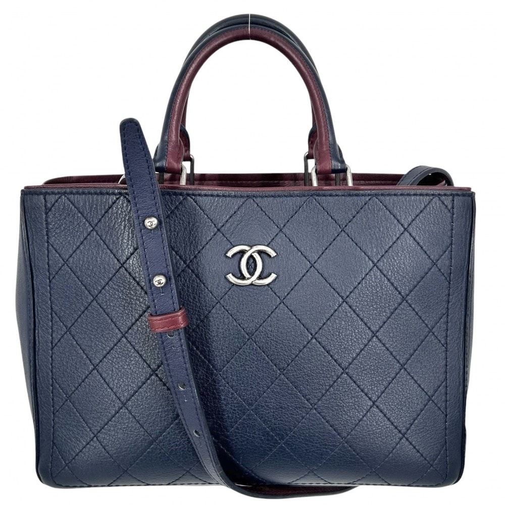 CHANEL シャネル 2WAY ココマーク ハンドバッグ ショルダーバッグ 肩掛け 斜め掛け ココ かばん 鞄 レザー    ネイビー 紺 ボルドー シルバー金具 レディース【中古品】