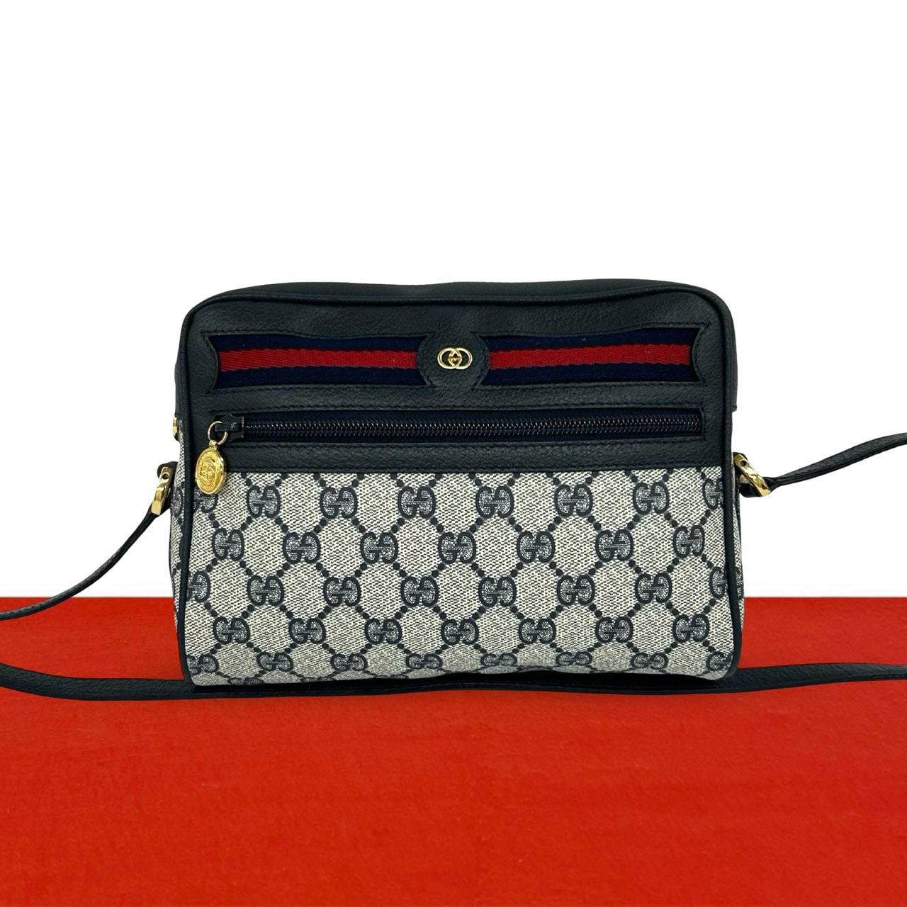 GUCCI グッチ シェリーライン GG ロゴ 柄 レザー PVC ショルダーバッグ ネイビー
 28868