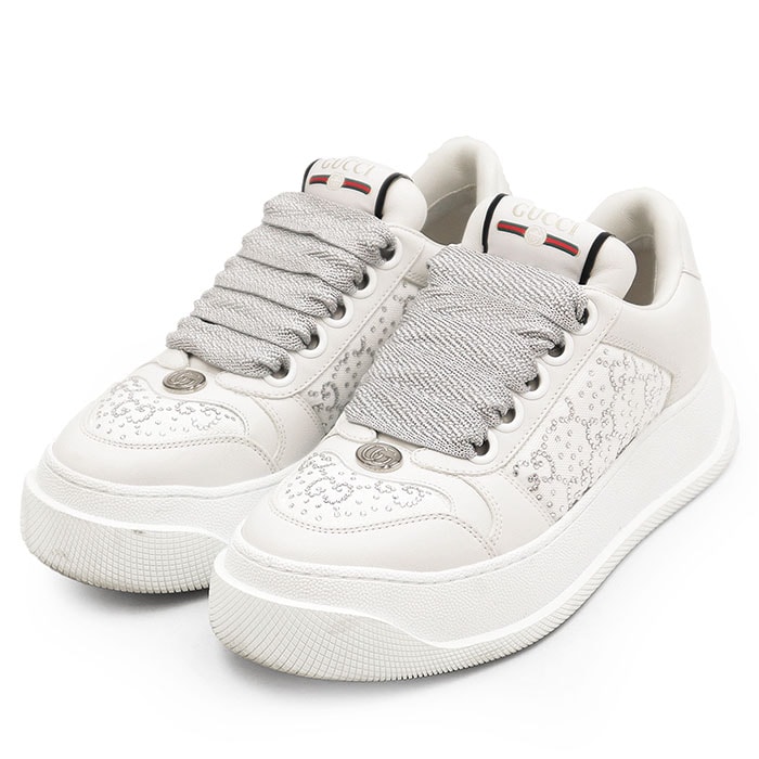 【極美品】GUCCI グッチ レザースニーカー レディース サイズ 36 GGスプリーム ラインストーン ダブルG ロゴ チャーム チャンキーソール 厚底 シューズ 靴 オフホワイト オフ白 イタリア製