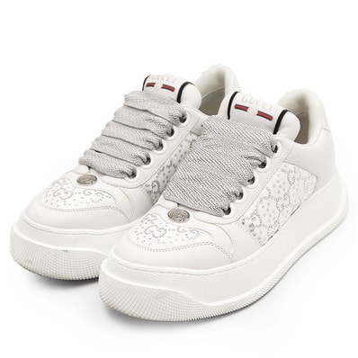 【極美品】GUCCI グッチ レザースニーカー レディース サイズ 36 GGスプリーム ラインストーン ダブルG ロゴ チャーム チャンキーソール 厚底 シューズ 靴 オフホワイト オフ白 イタリア製