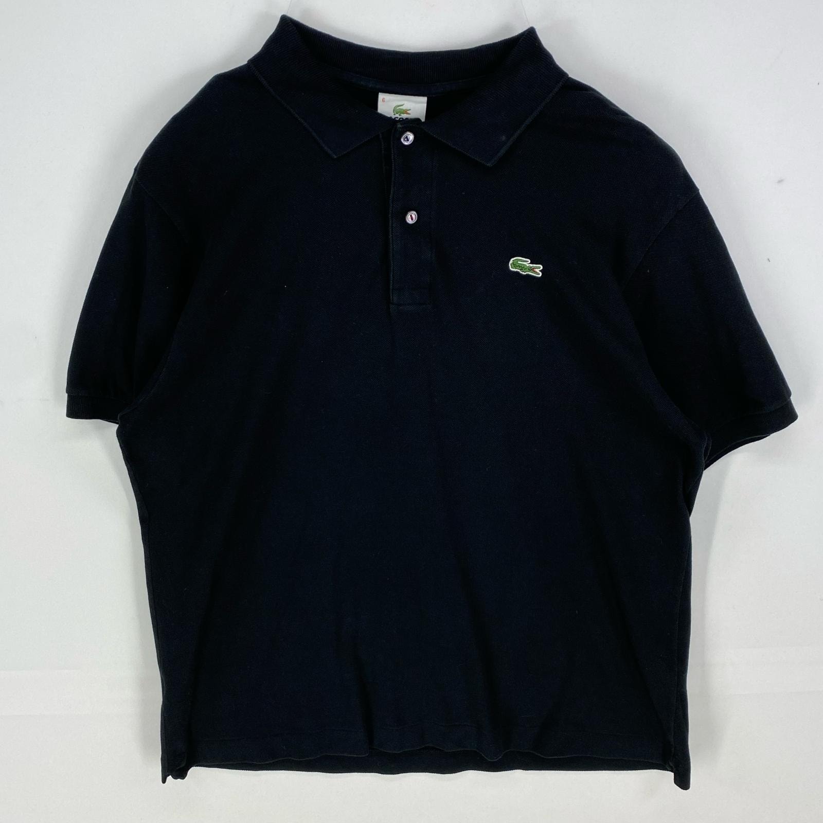 古着 ラコステ LACOSTE 鹿の子 半袖シャツ ワンポイント ロゴワッペン ポロシャツ ハーフボタン 6  ブラック系 メンズ