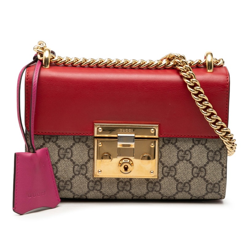 グッチ GGスプリーム パドロック チェーン ショルダーバッグ 409487 レッド ベージュ ピンク PVC レザー レディース GUCCI 【中古】