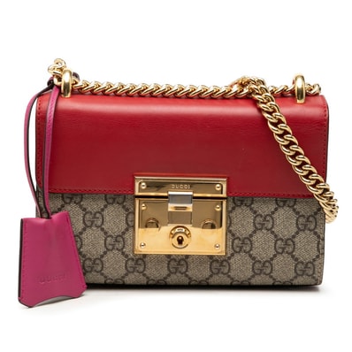 グッチ GGスプリーム パドロック チェーン ショルダーバッグ 409487 レッド ベージュ ピンク PVC レザー レディース GUCCI 【中古】