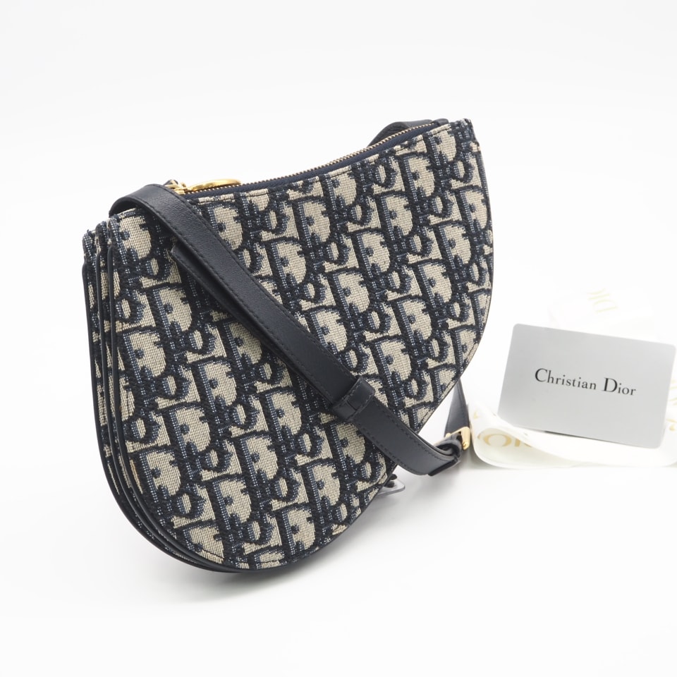 美品 Dior ディオール ディオール オブリーク ジャカード Saddle ポーチ ロデオ S5909CTZQ ショルダーバッグ ネイビー ベージュ キャンバス レザー レディース