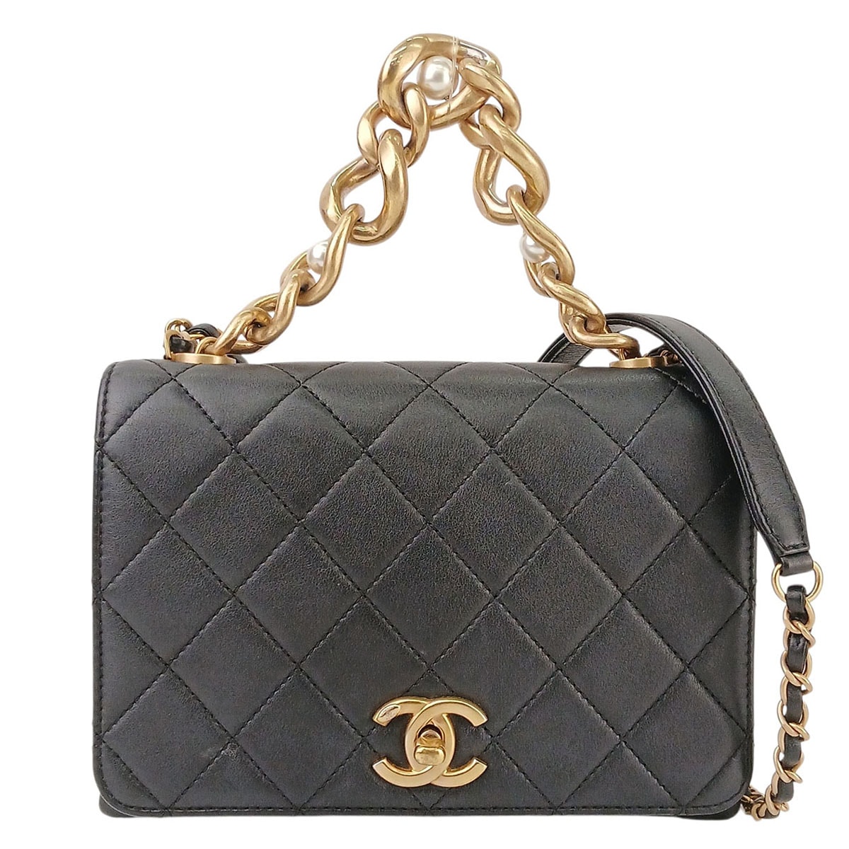 CHANEL シャネル ミニマトラッセ シングルフラップ パール 2WAY チェーンショルダーバッグ ショルダーバッグ AS2638 ラムスキン ブラック ゴールド レディース【中古】
