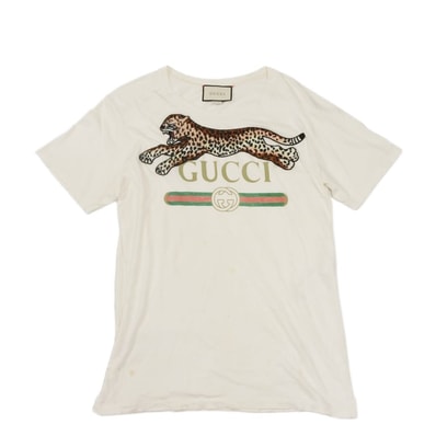 GUCCI グッチ ヴィンテージロゴ レオパード M エンブロイダリー ダメージ加工 インターロッキングG コットン ホワイト 半袖Tシャツ 493117 X9X99