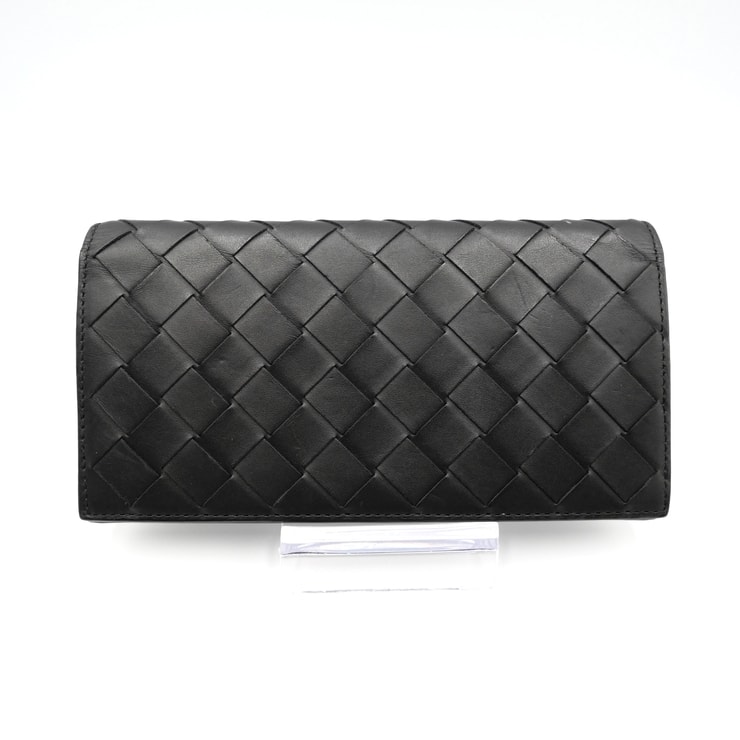 BOTTEGA VENETA(ボッテガ・ヴェネタ)イントレチャート コインパース付き長財布 ブラック レザー シルバー金具 メンズ レディース【中古】