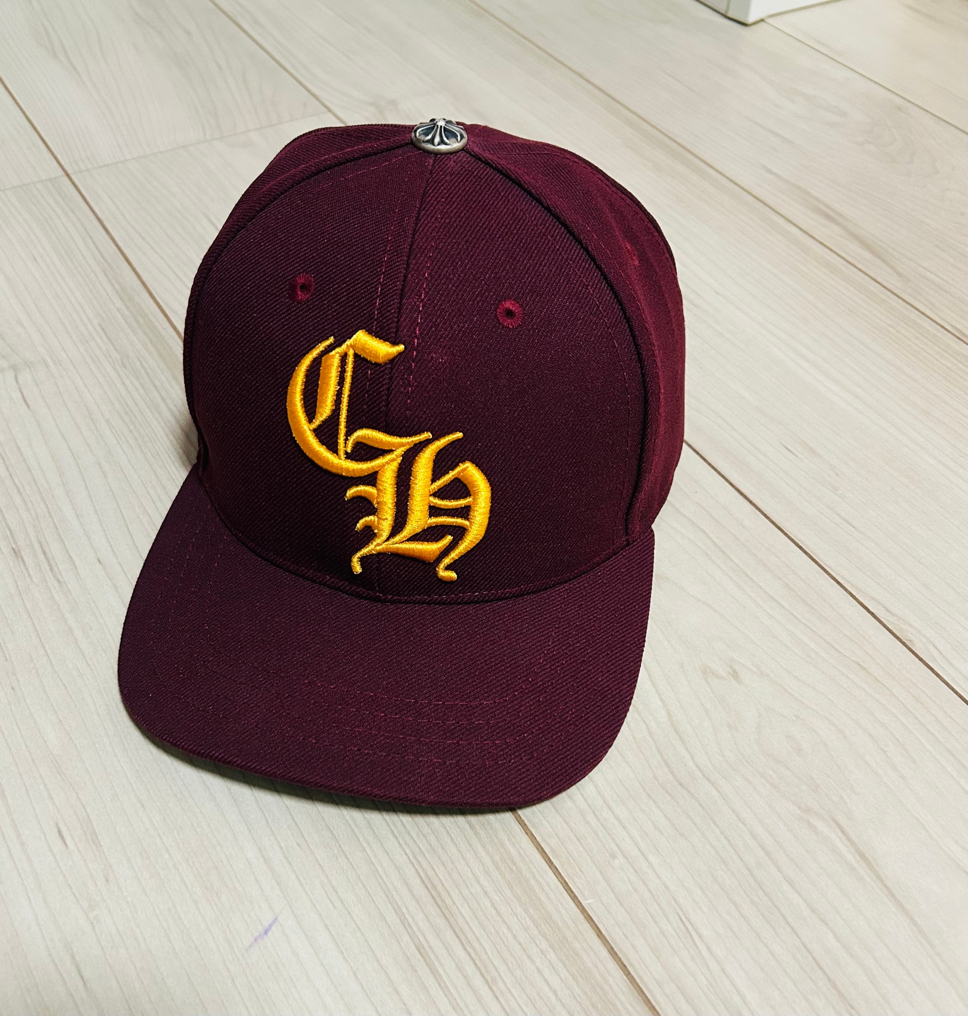 Chrome Hearts 6 Panel On Field CH White Baseball Cap "Bordeaux/Yellow"