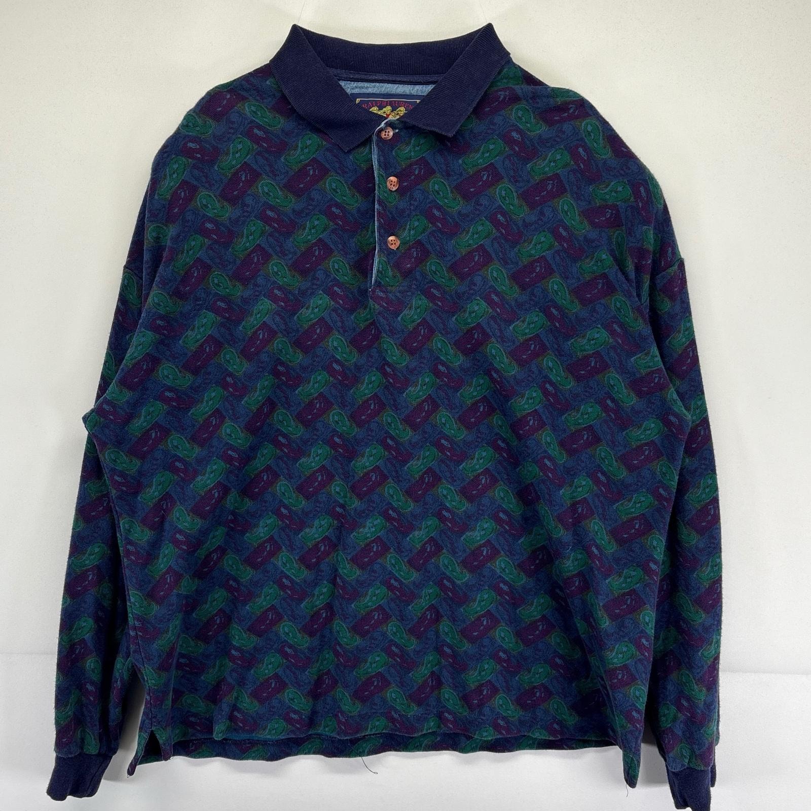 古着 80's/80年代 ヴィンテージ チャップスラルフローレン CHAPS RALPHLAUREN USA製 長袖 ポロシャツ 大きいサイズ 鹿子生地 ペイズリー柄 XL マルチカラー メンズ