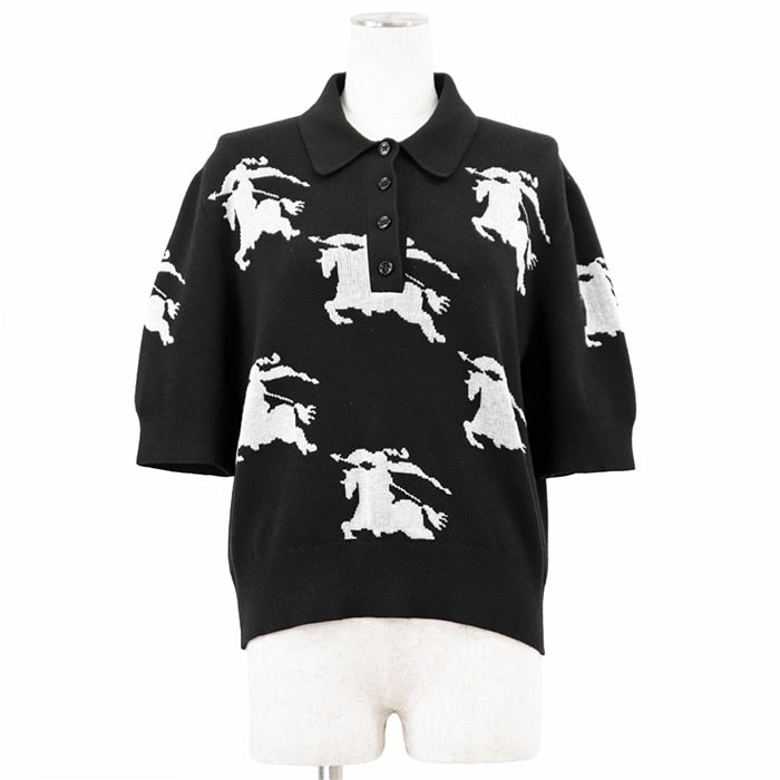 【美品】BURBERRY LONDON バーバリー ロンドン ニット ポロシャツ EKD ロゴ ボタン Equestrian Knight Design 馬上の騎士 ジャガード コットン シルク トップス レディース XL ブラック ホワイト 黒 白 伊製