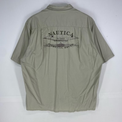 古着 ノーティカ NAUTICA 半袖シャツ ボタンダウン ワンポイントプリントロゴ ショートスリーブ L ベージュ系 バックプリント メンズ