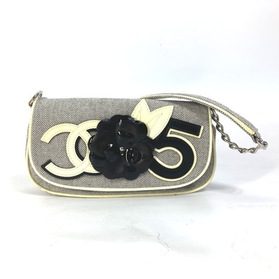 シャネル CHANEL チェーン No.5 CC カメリア ココマーク カバン 肩掛け ショルダーバッグ キャンバス グレー系