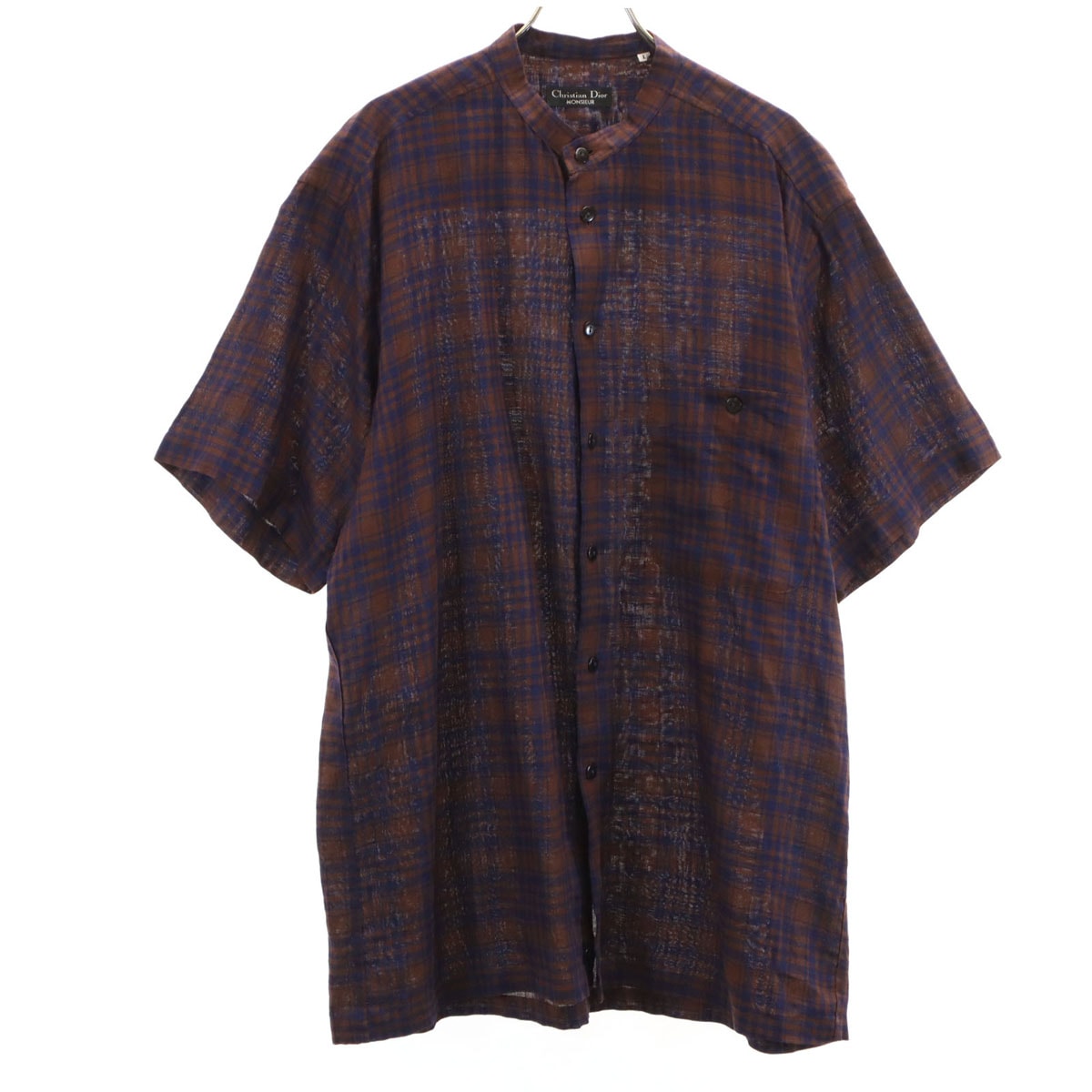 Christian Dior MONSIEUR クリスチャンディオール ムッシュ 90s リネン オールド チェック柄 半袖 バンドカラーシャツ L ブラウン