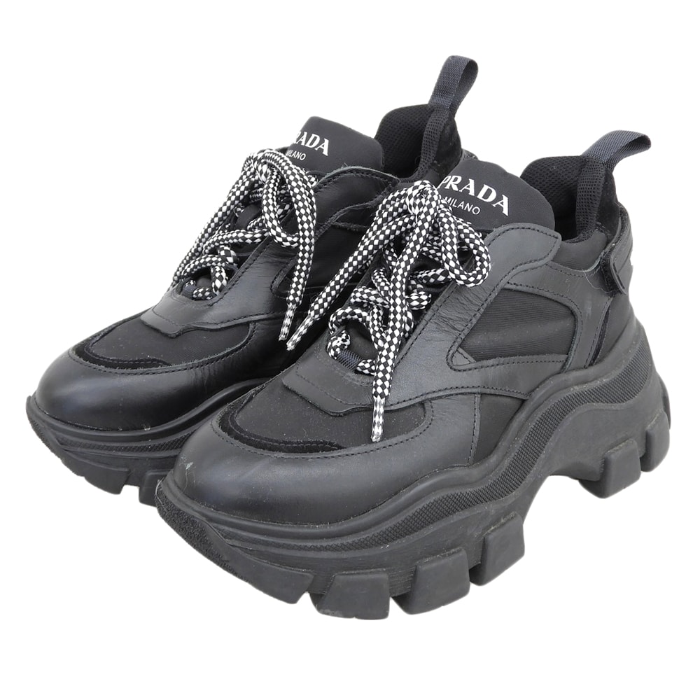 プラダ ペガサス プラットフォーム スニーカー シューズ レディース ブラック 22.5cm 35 1/2