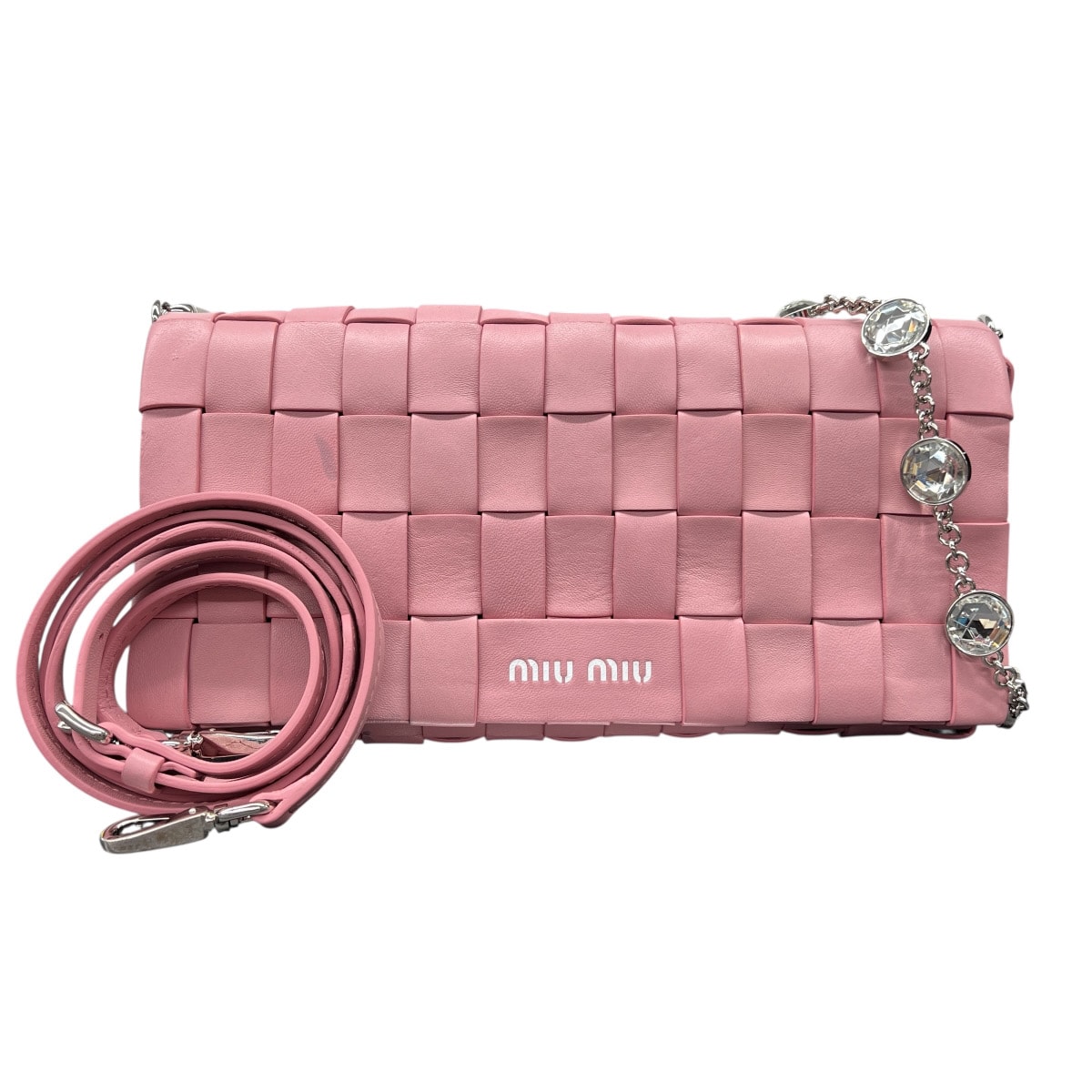 【5/12価格改定】MIUMIU 希少 美品 ミュウミュウ ナッパクリスタル イントレッチオ 3way ショルダーバッグ クラッチバッグ RFID確認済 レザー ピンク シルバー ロゴ セミショルダー 編み込み ビジュー miumiu ABランク 中古 鑑定済